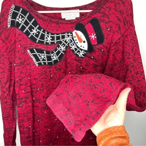 Vintage Mandal Bay Embellished Winter Snowman Pearl Marled Red Sweater Size XXL - Picture 5 of 11